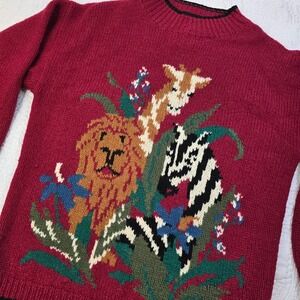 Charter Club Jane Justin Hand Knit Wool Safari Sweater Red Giraffe Lion Zebra L